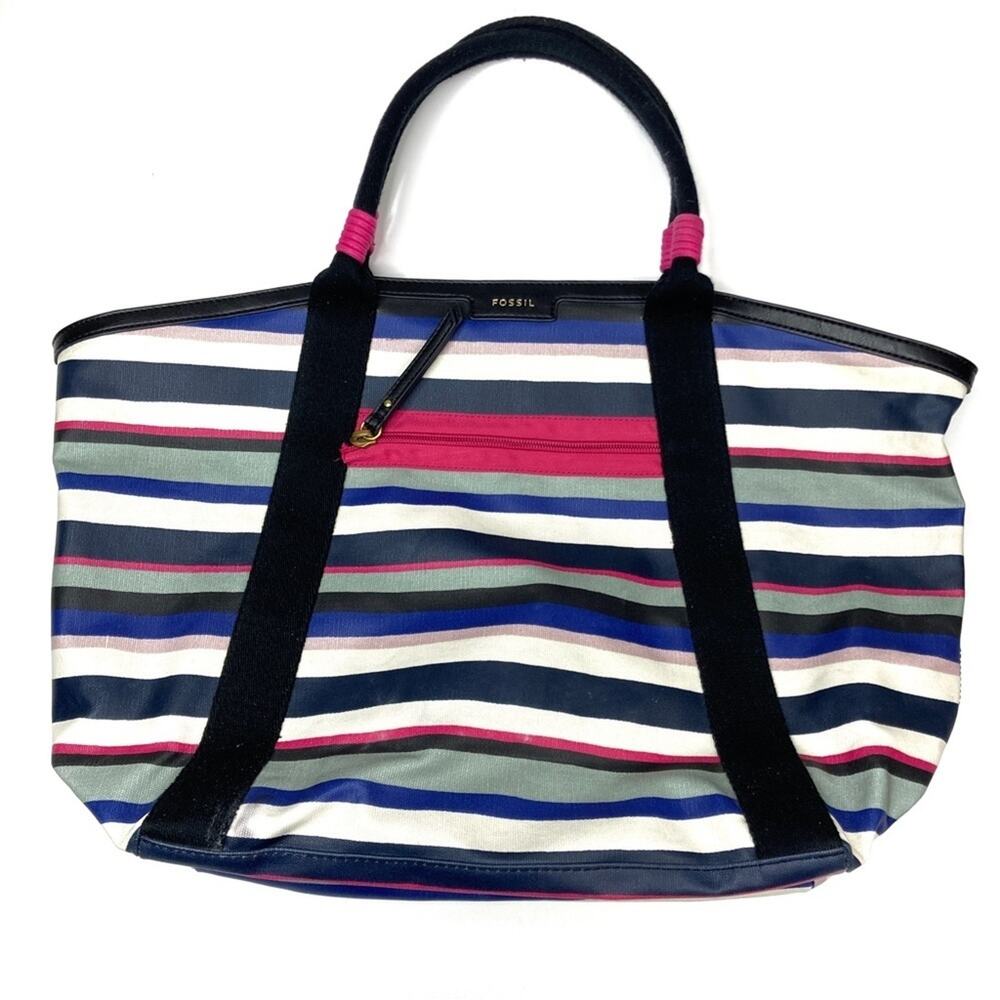 Fossil Eliza Blue White Pink Stripe Tote Bag Coated Canvas